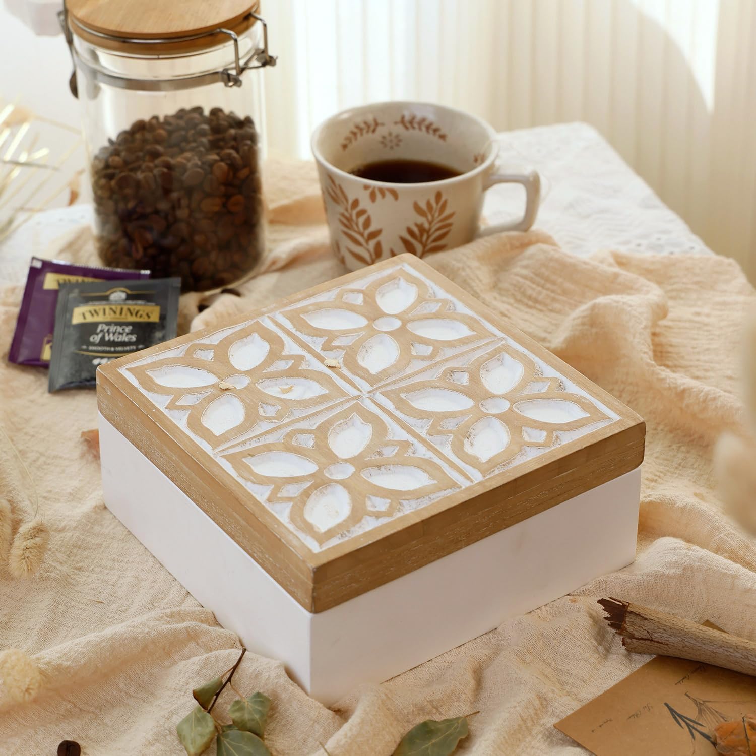 Small Wooden Keepsake Box - Decorative Handmade Rustic Trinket Boxes with Hinged Lid, Flower Carved Design, 7.1" x 7.1" x 3.2" - Image 9