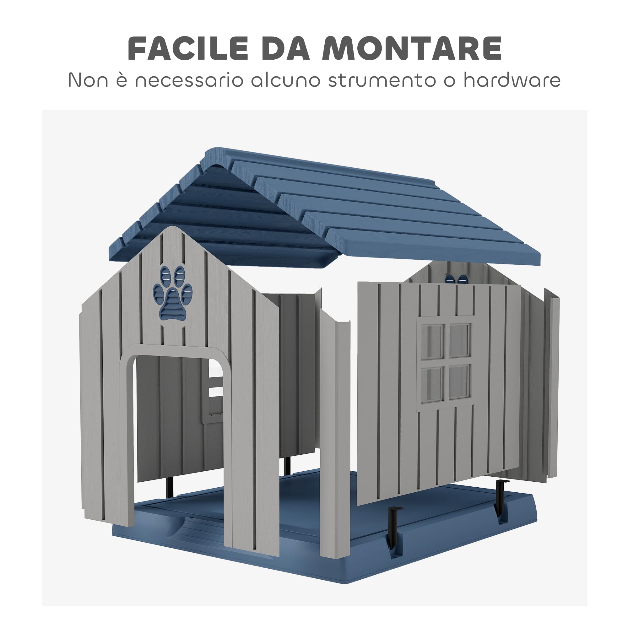 PawHut Cuccia per Cani in Plastica da Esterno Impermeabile Ventilato, Facile Montaggio, Casetta per Cani Taglia Media con Base Rialzato, Finestre e Tetto per Giardino, Patio, Casa, 85x79x82 cm, Grigio