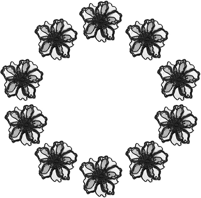 Amosfun Pack of 10 Iron On Patches Lace Flower Applique Organza Sheer Embroidered Sewing On Badge Logo Sticker for DIY Clothing Dress Hat Jeans Backpack Repair Black