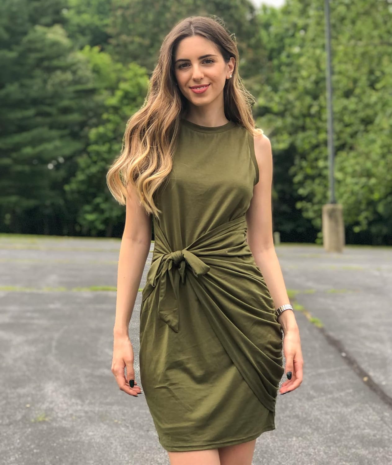 BTFBM Women's 2026 Summer T Shirt Dress Casual Sleeveless Wrap Bodycon Ruched T Shirt Spring Dress Tie Waist Mini Dresses - Image 6