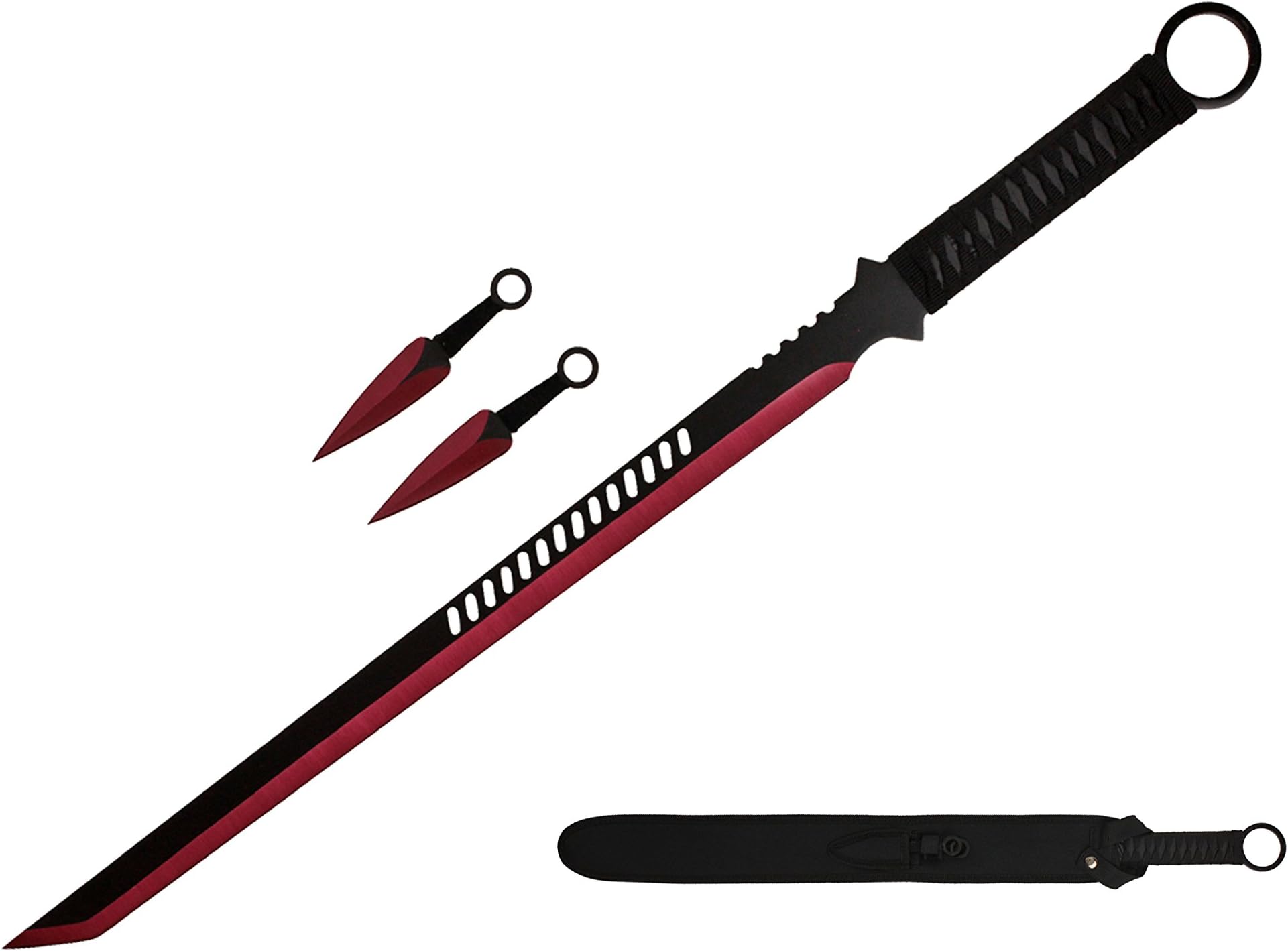 Wartech K1020-65-RD 440 Stainless Steel Full Tang Blade Ninja Hunting Machete Sword with Throwing Knives (2 Piece), 27", Red