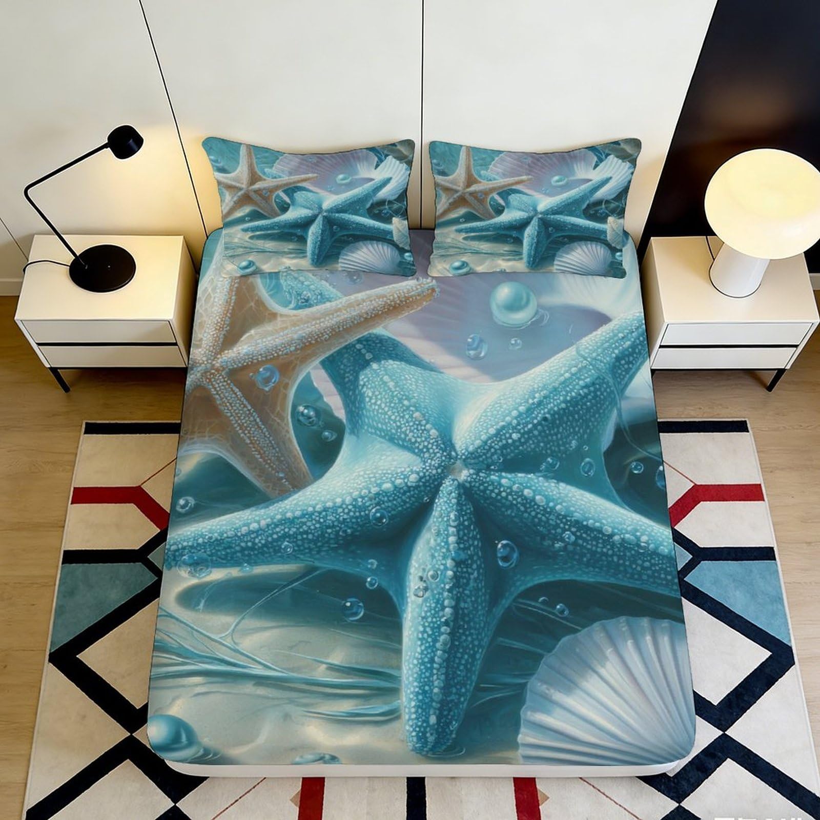 3D Printed Ocean Starfish Fitted Sheet Microfiber Soft Blue Seashell Mattress Cover Bedroom Dorm Decor 90x200x25cm