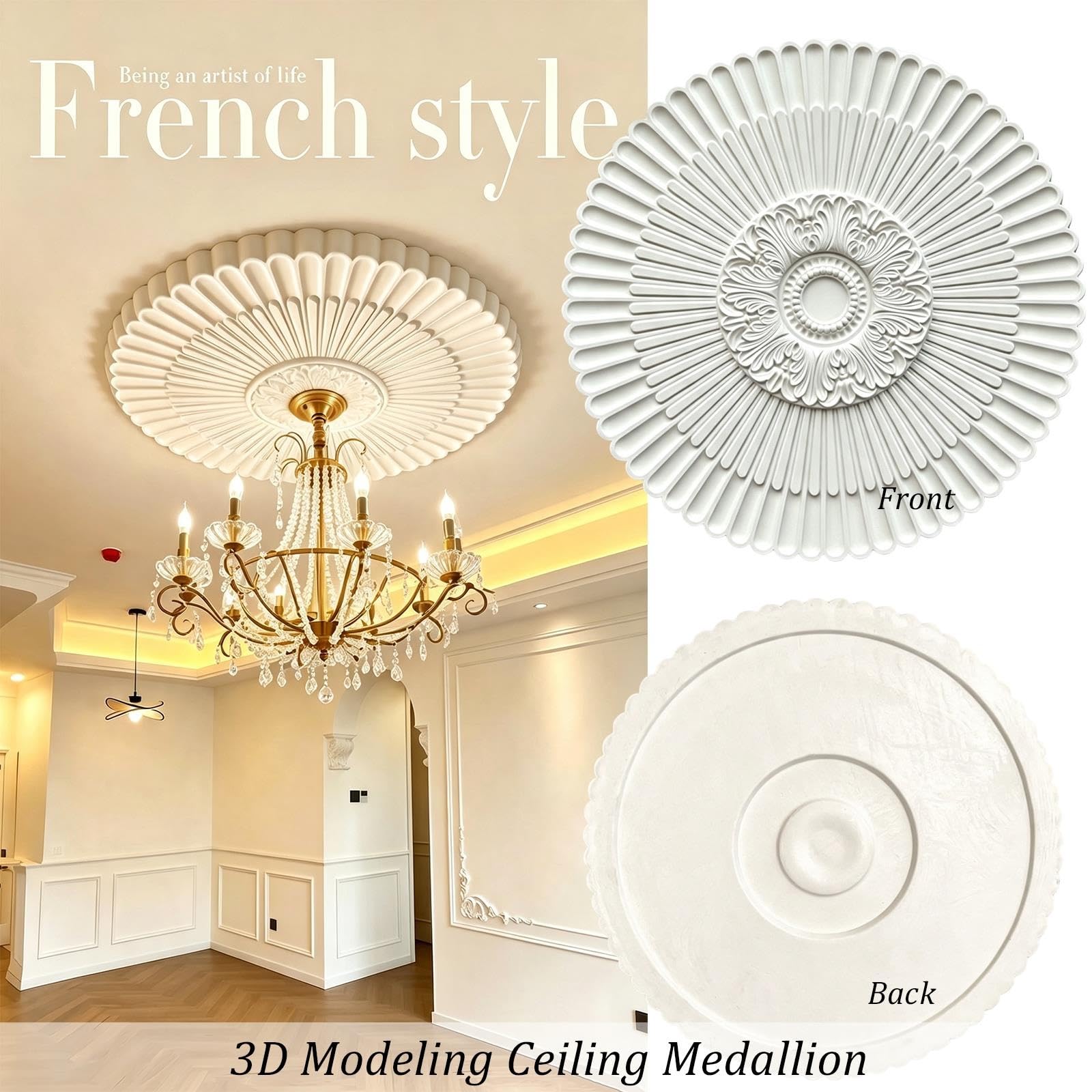 Rosone per soffitto, diametro esterno 23"/32" x diametro interno 1,7"/2,3" | Materiale in poliuretano (PU), placca di copertura rotonda per soffitto, rosone per lampadari(60cm)
