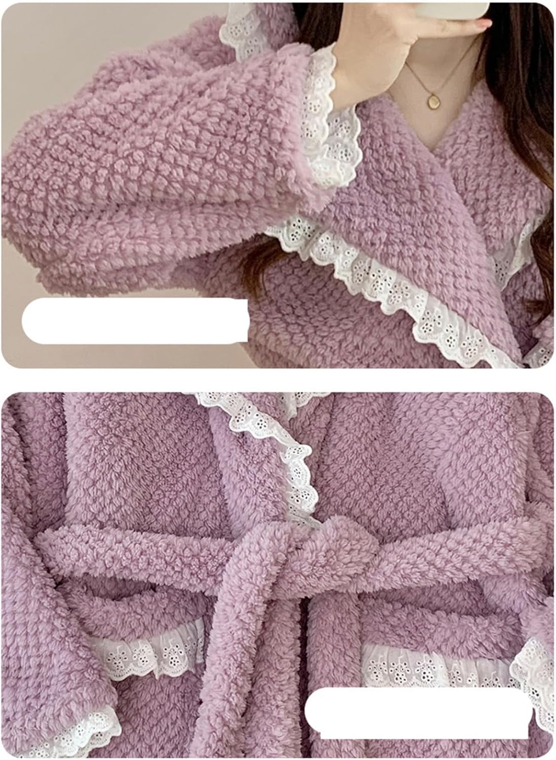 バスローブ 冬 レディース もこもこ フランネル ナイトガウン 襟フリル ネグリジェ 可愛いレース 厚手 ベルト付き 大きいサイズ