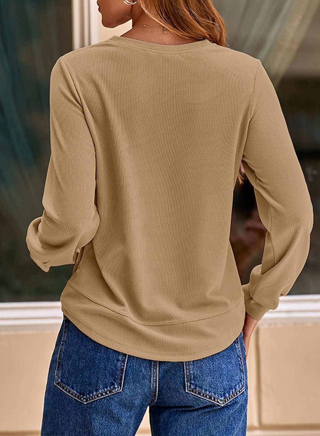 Dokotoo Women's Crew Neck Long Sleeve Shirts Waffle Knit Loose Tops Basic Tees 2026 Casual Comfy Fall Outfits Clothes - Image 6