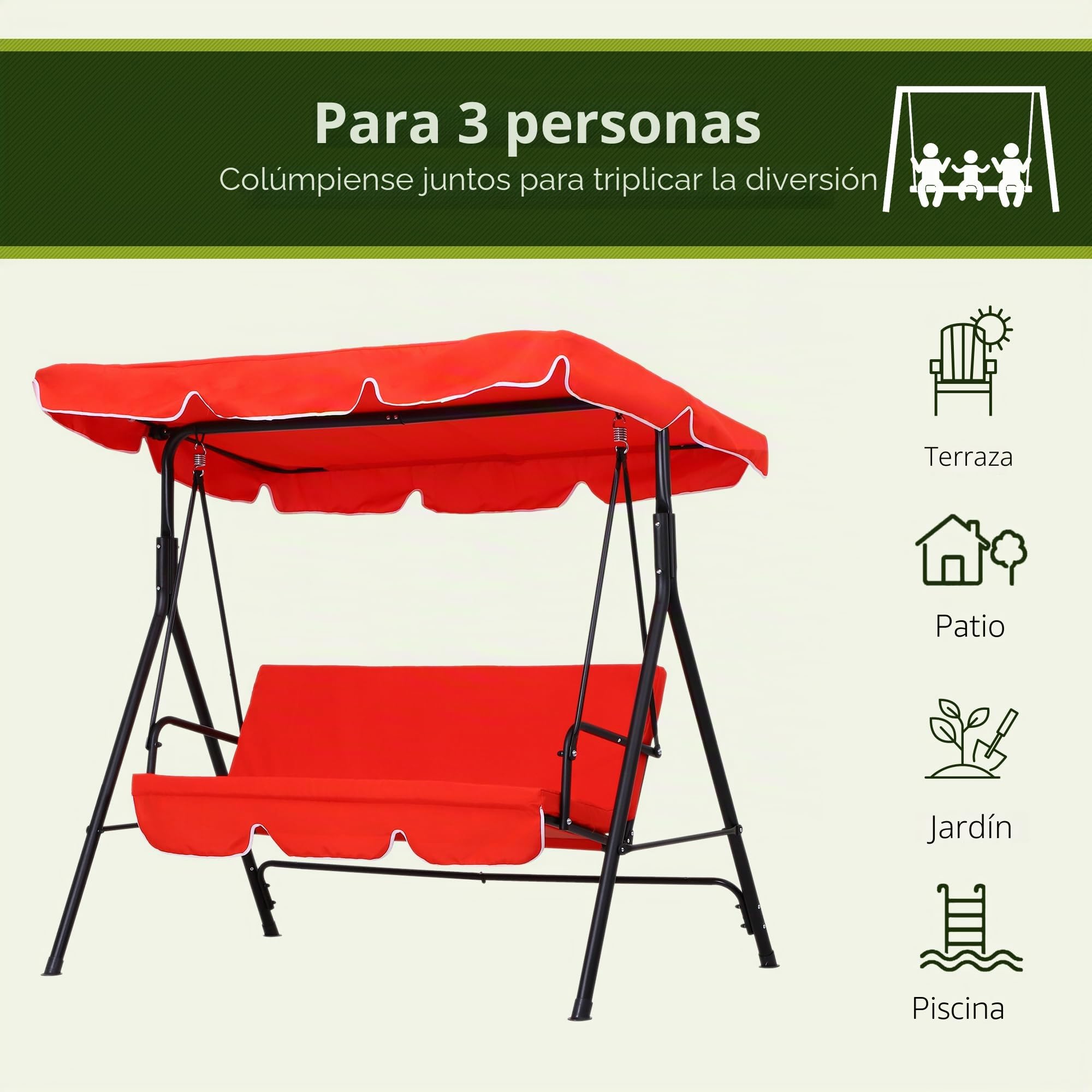 Outsunny - Balancín de jardín (3 plazas, inclinación, ajustable, cojines de asiento y respaldo, 1,72 x 1,1 x 1,52 cm, acero negro, poliéster, color rojo