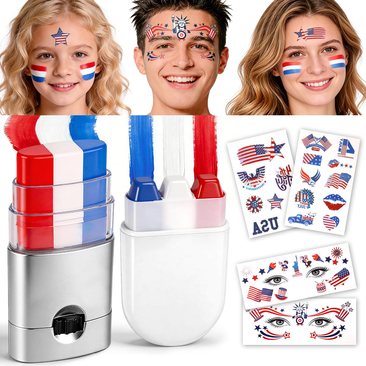 Janolia Red White Blue Face Paint Sticks 2PCS, Independence Day Face Painting, 4th of July Accessories Face Paint Sticks for Kids Adults, Facepaint Sports Makeup for Football Baseball Softball Players