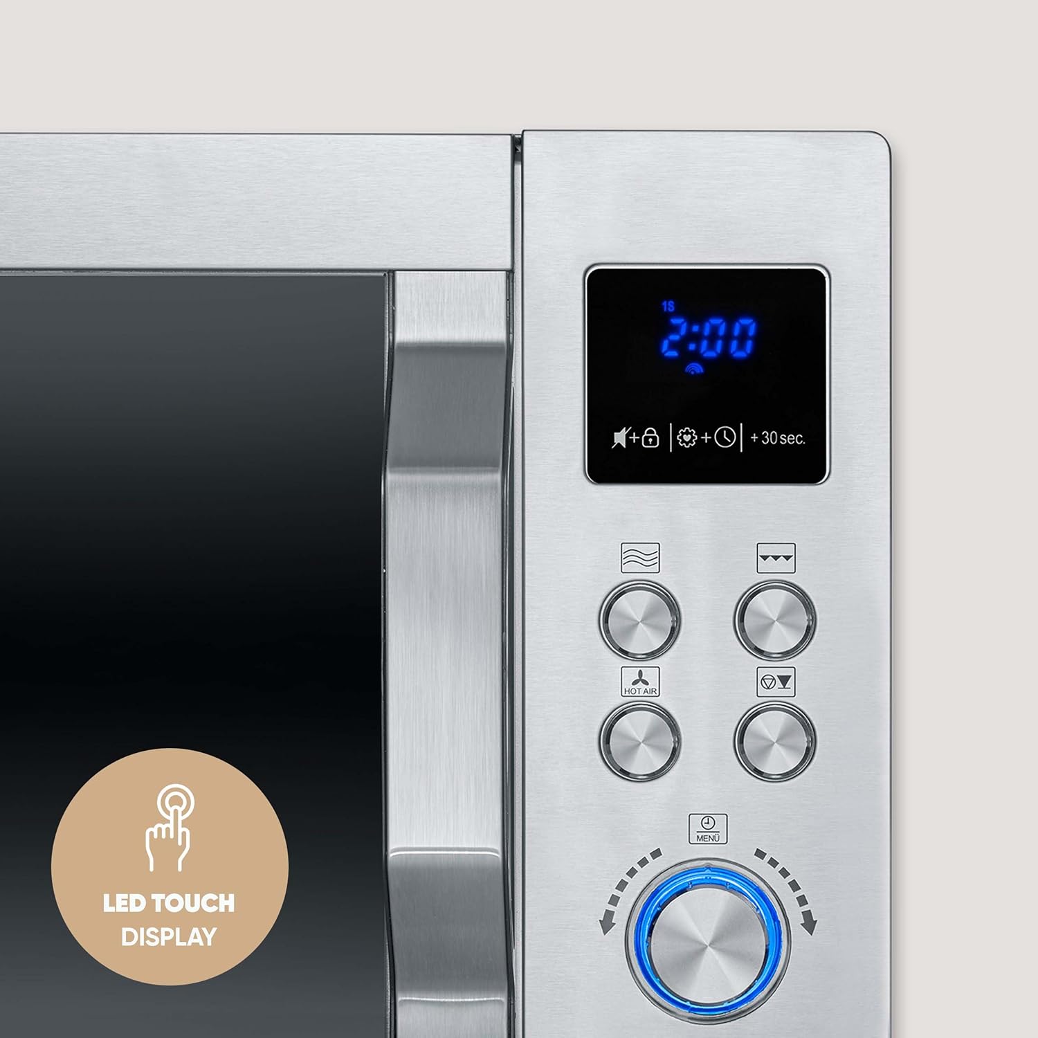 Close-up of the LED touch display and control buttons