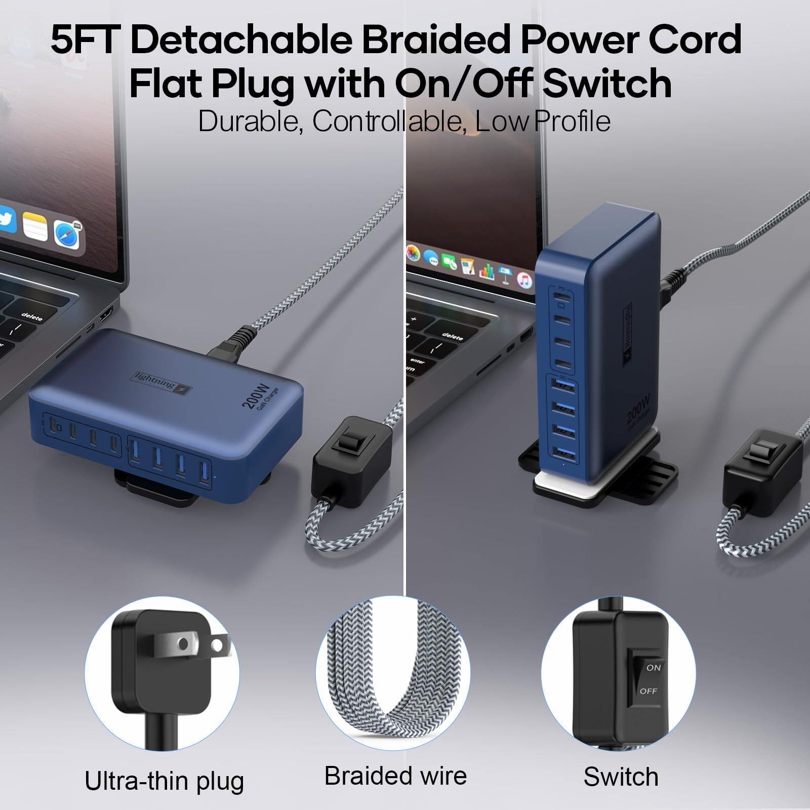 Bloque de cargador rápido USB C de 8 puertos de 200 W con enchufe plano, cable de alimentación trenzado e interruptor de encendido/apagado - Hub de carga USB para iPhone, iPad, MacBook y más,