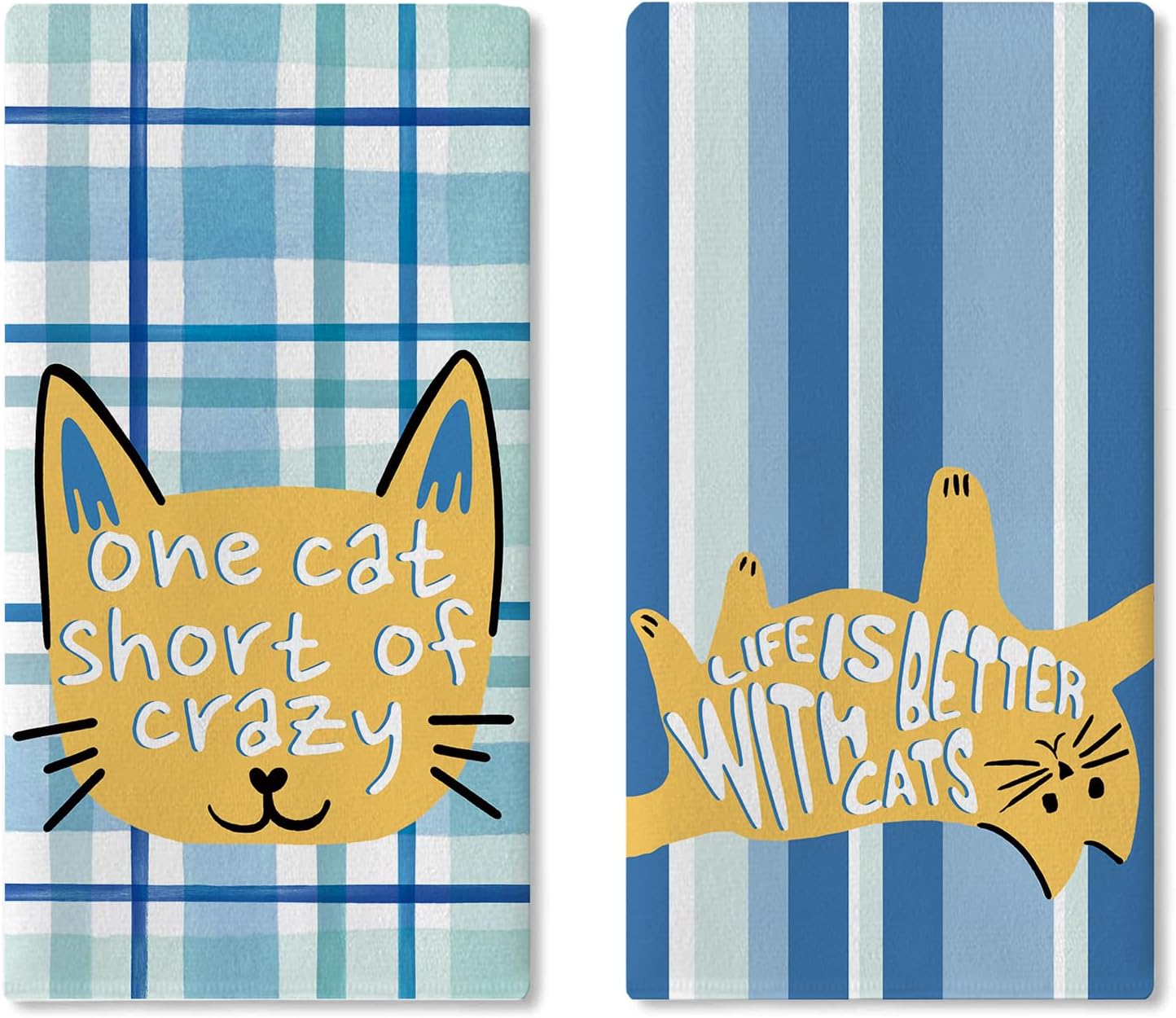 Life is Better with Cats Kitchen Dish Towels Set of 2, Blue Buffalo Plaid Stripes Drying Hand Towel Baking Cooking Cloth, Funny Bathroom Home Decoration Cat Owner Lover Gift 18'' x 26''