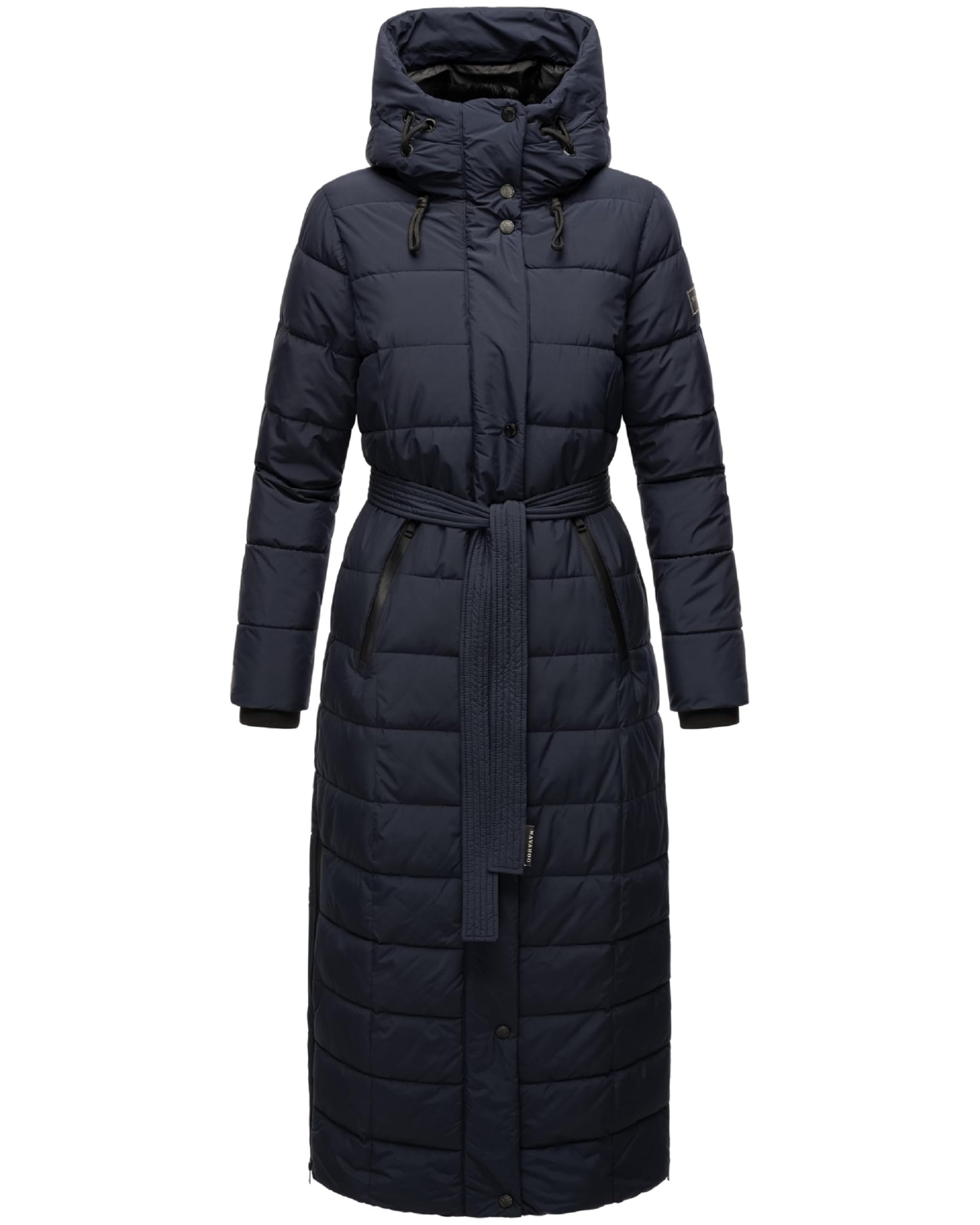 Navahoo Women's Navy Winter Coat Warm Quilted Coat Long With Hood And Waist Belt Part Xiv Xs-3Xl, 3XL