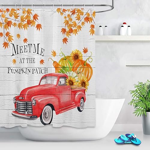 Miniatura 2 de LB Juego de cortina de ducha con diseño de calabaza y otoño, diseño de Papá Noel, con ganchos, 59.8 x 72.0 in, tela de poliéster impermeable para