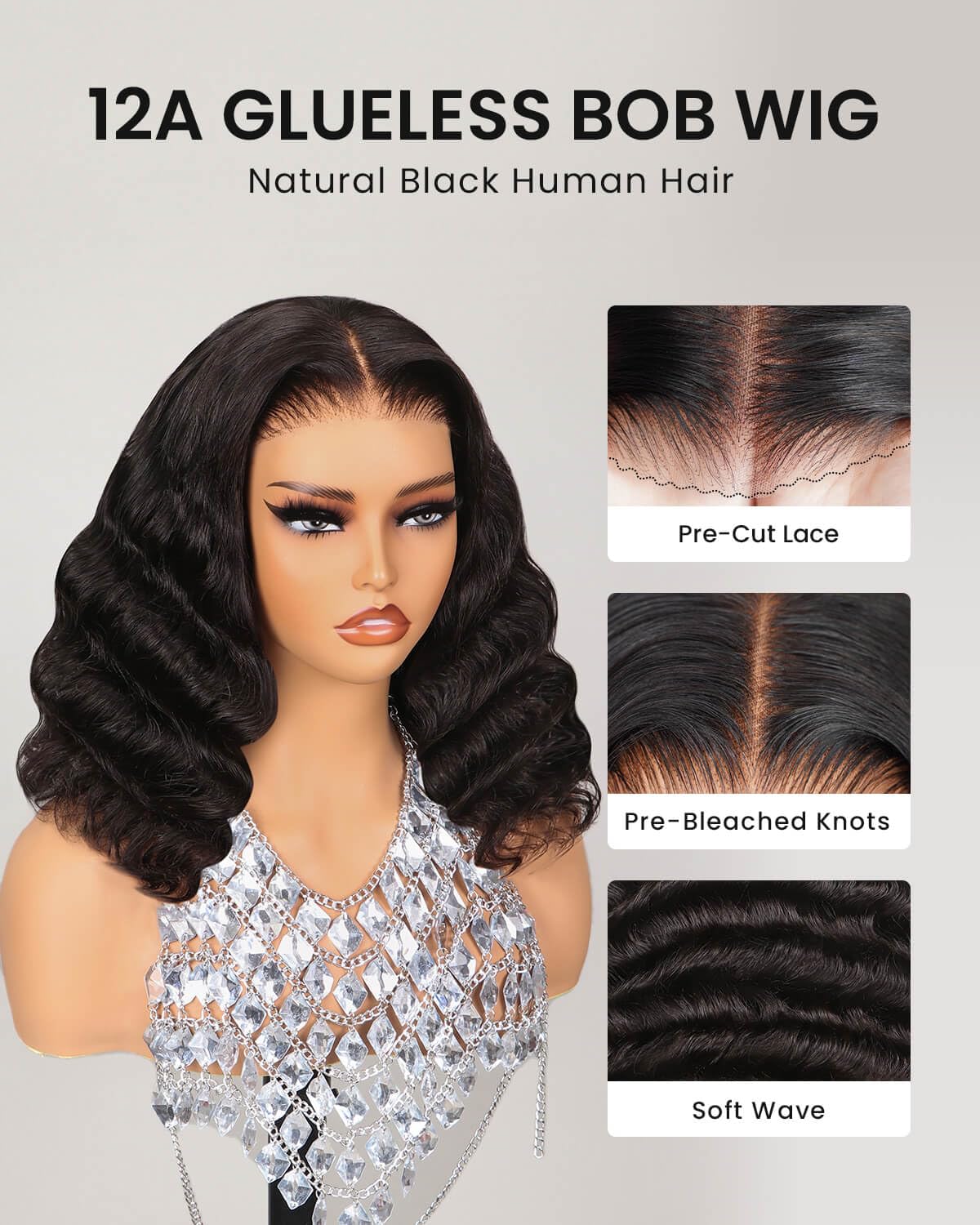 MEGALOOK Ready to Go Glueless Pre Cut 5x6 Lace Front Wig Loose Curly Bob Wig Upgraded Pre Plucked Bleached Invisible Knots Natural Black Color 14 Inch - Image 2