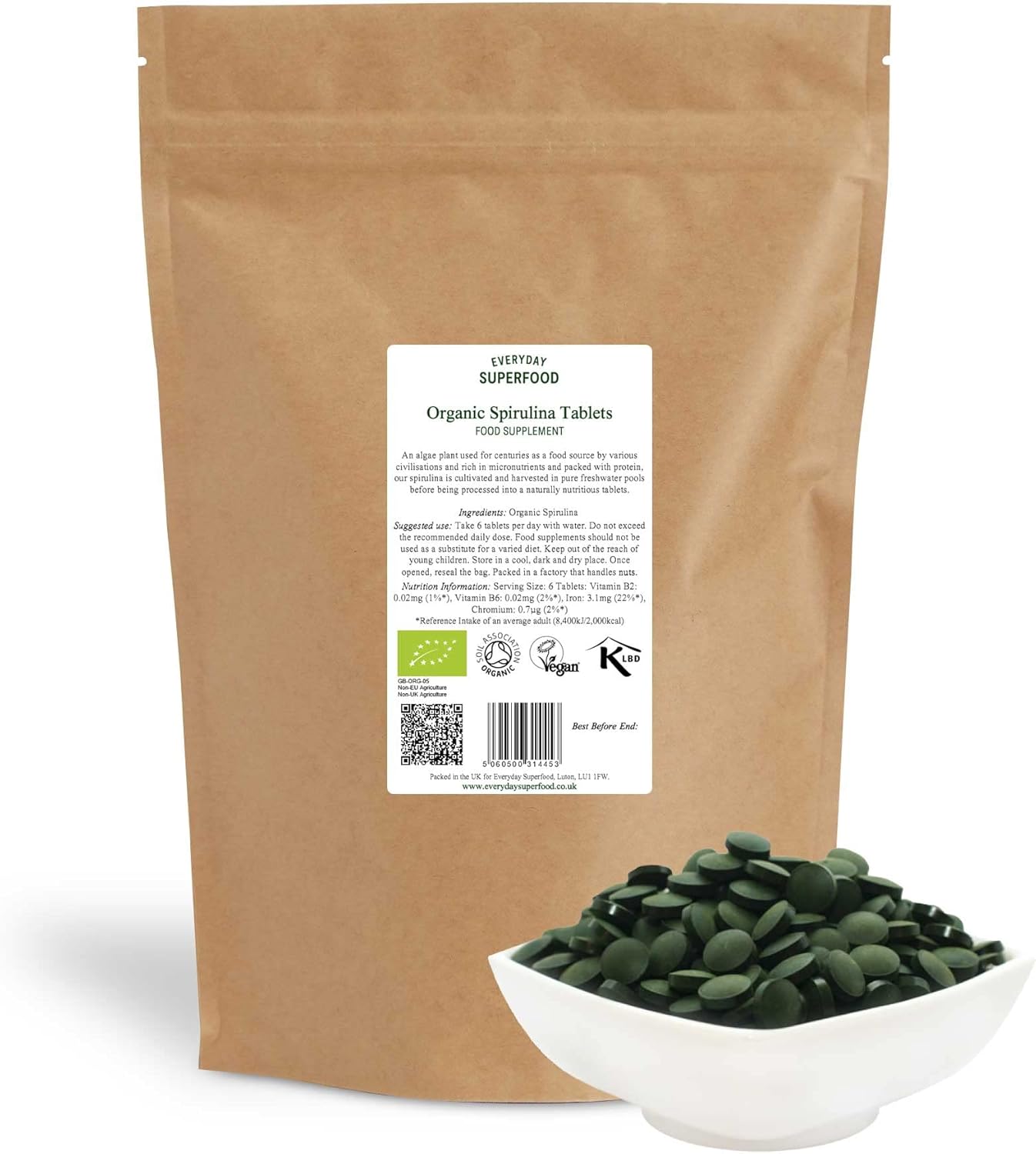 Organic Spirulina Tablets (1800 Tablets) Raw Cold Pressed Spirulina