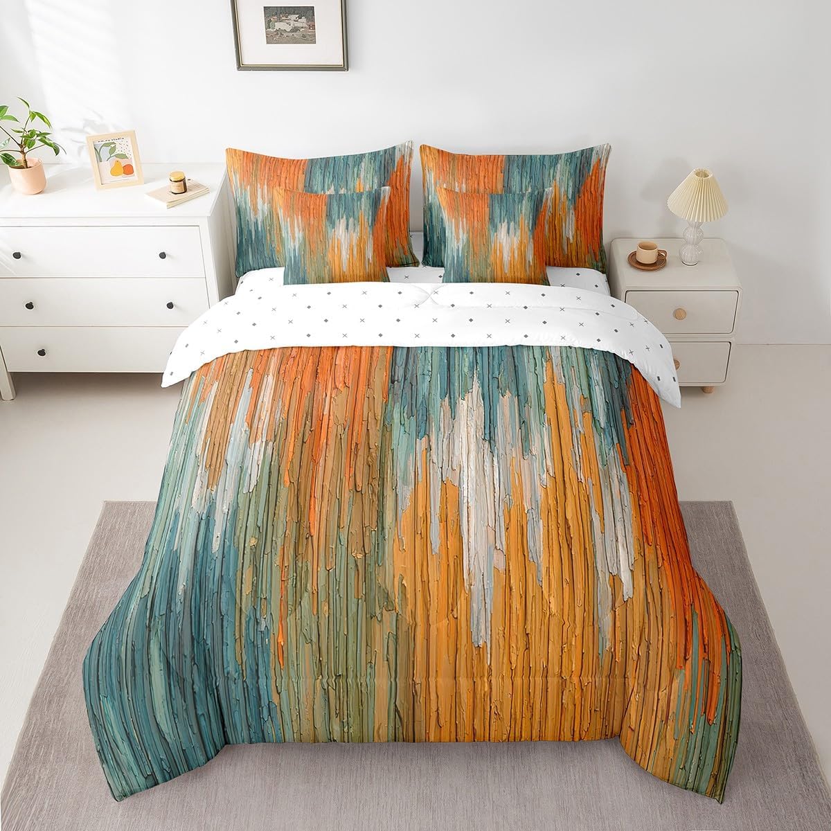 Erosebridal Abstract Pattern 7 Piece Bedding Set King Size Oil Painting Comforter Set with Sheets for Kids Men Women Gradient Beige Orange All Season Bed in A Bag - Image 2
