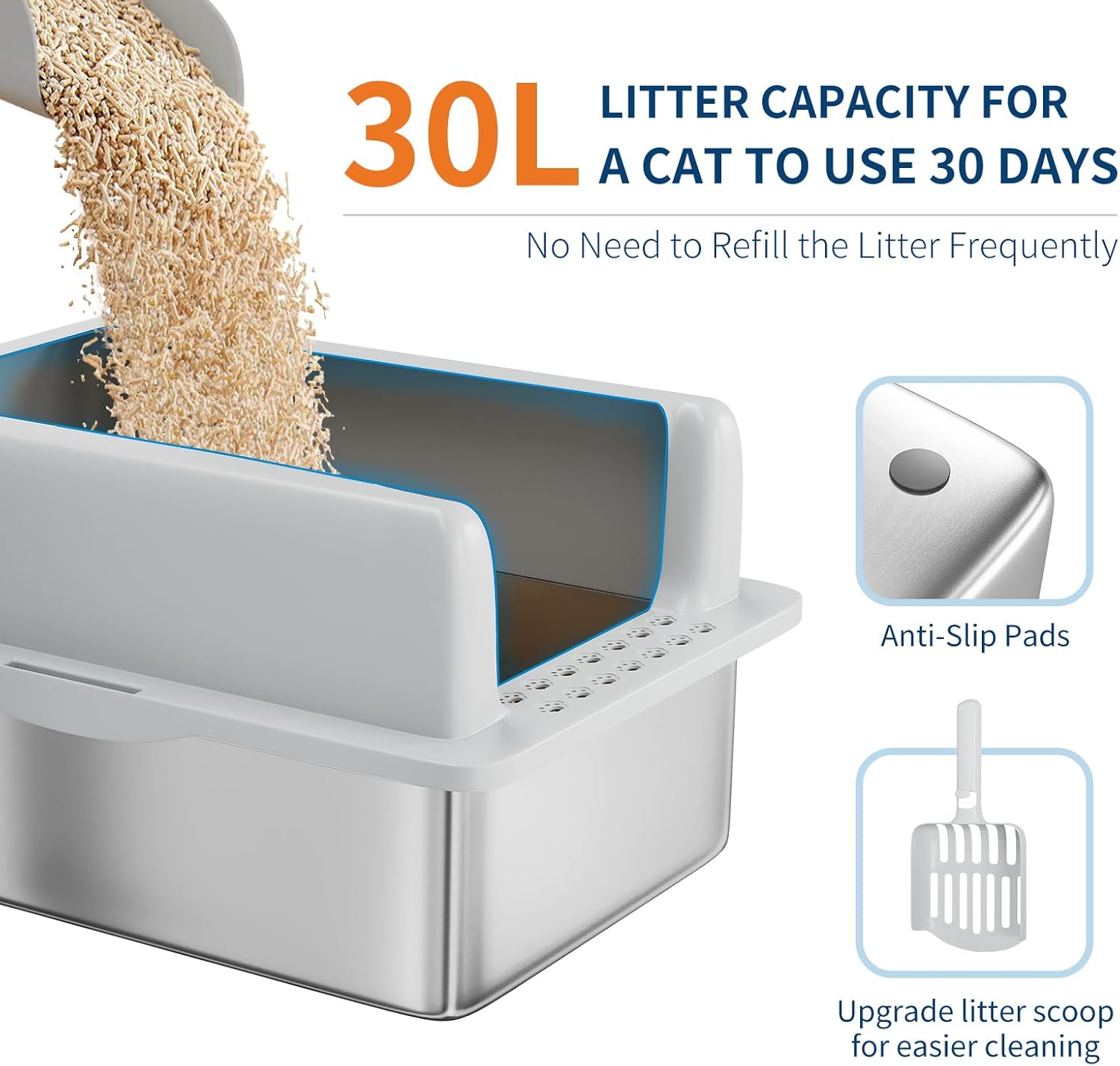 GarveeLife Stainless Steel Cat Litter Box 6 in, XXL Large Cat Litter Tray with High Side, Platform Step and Scoop for Big Cats Multiple Cats, Easy Clean