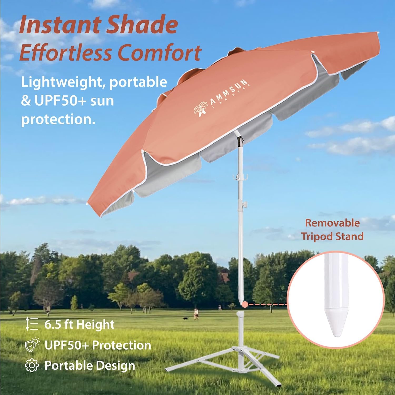 AMMSUN Shade Umbrella, Premium Portable Umbrella with Stand, 6.5ft Lightweight Free Standing Canopy for Sporting Games, Adjustable Instant Sun Protection and Easy to Carry, Peach Pink - Image 3