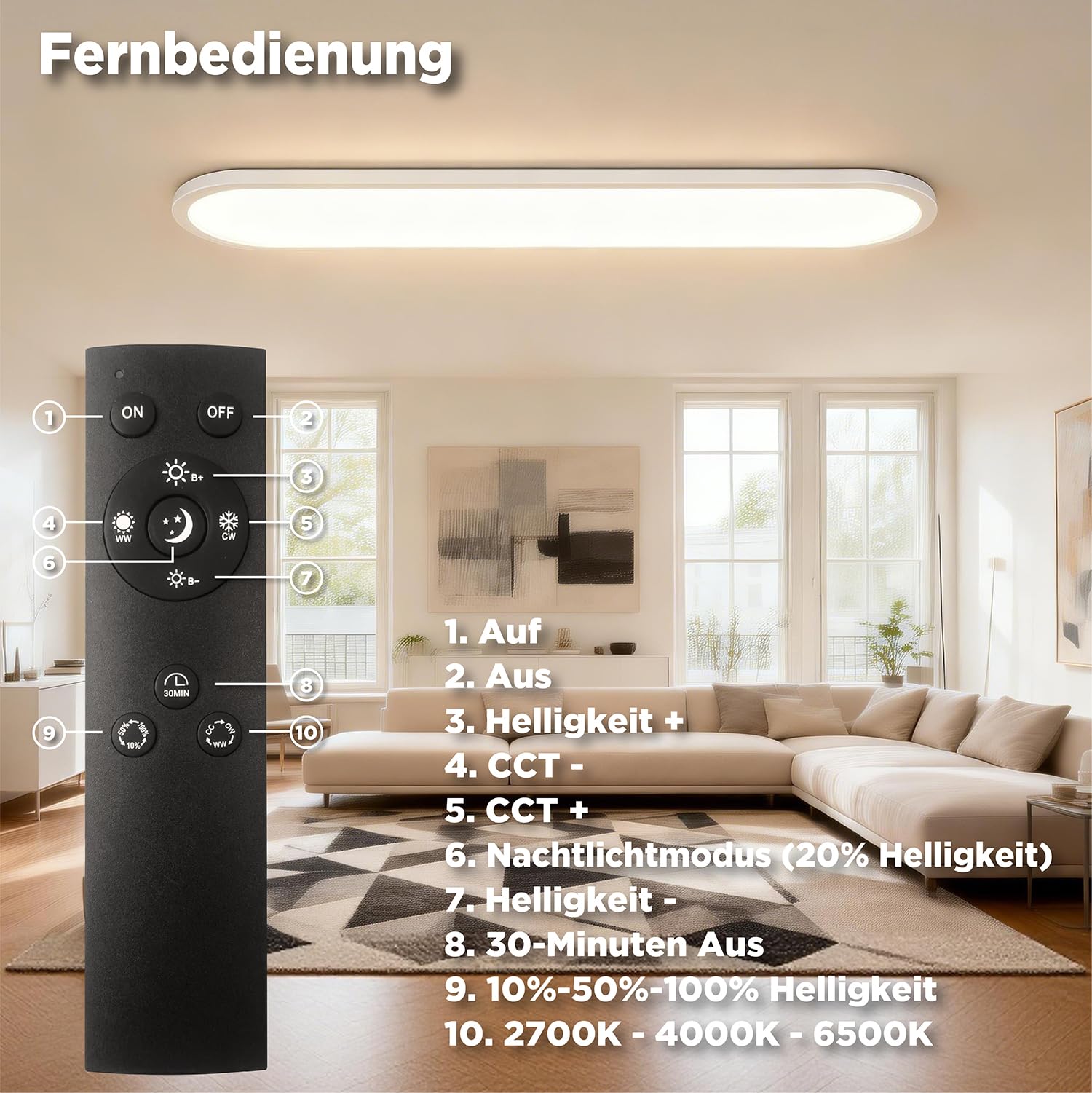 LED Deckenleuchte mit Fernbedienung 36W Dimmbar 2700K-6500K 4900lm IP44 Wasserfest Speicherfunktion Nachtlicht für Wohnzimmer Schlafzimmer Küche Badezimmer Flur 80x20cm Oval Weiß