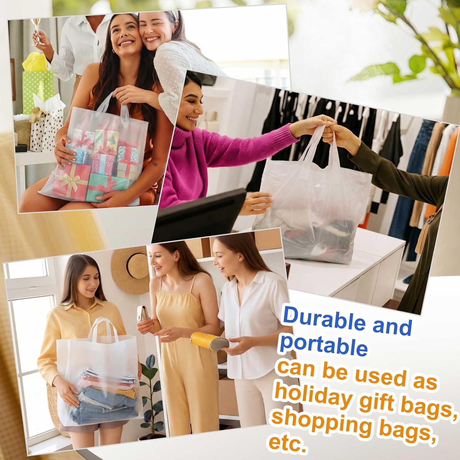 Qilery 100 Pack 20" x 20" Large Clear Plastic Shopping Bags with Handles Reusable Merchandise Gift Bags Bulk for Small Business Merchandise Retail Grocery Packaging Gift Giving