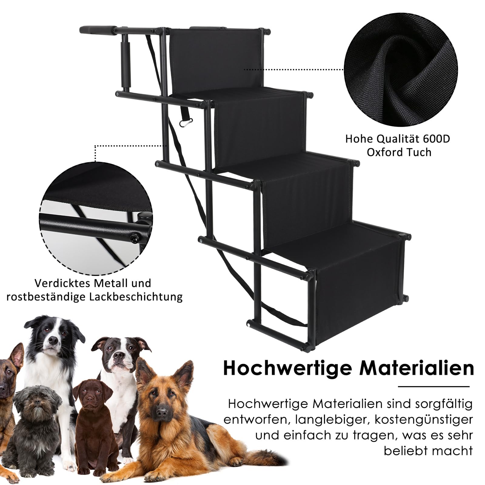CALIYO Hundetreppe Auto Klappbar bis 75KG für Große Hunde, Höhenverstellbare 4-Stufen-Hundetreppe, Geeignet für Autos, Sofas und Betten, Gelenkschonende, sichere und stabile（Schwarz）