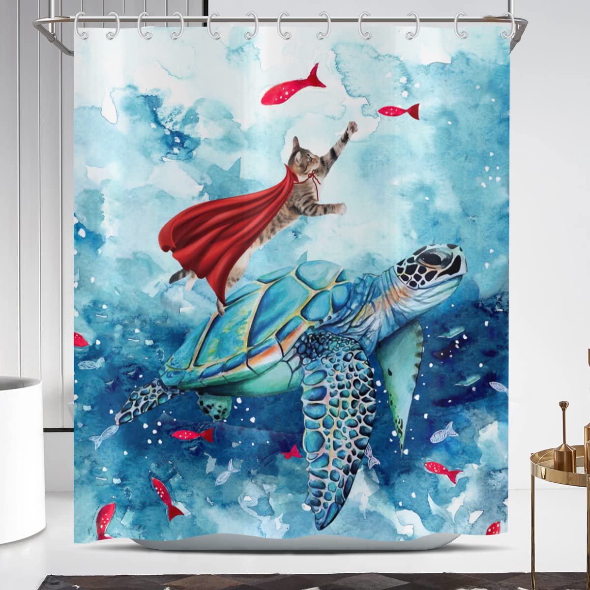 ASDCXZ Funny Shower Curtain 180x220 cm, Waterproof Fabric Shower Curtains, Hand Painted Funny Cat Ride Sea Turtle Fishing Outdoor Washable Polyester Bathroom Curtain with 12 Hooks โ image 1