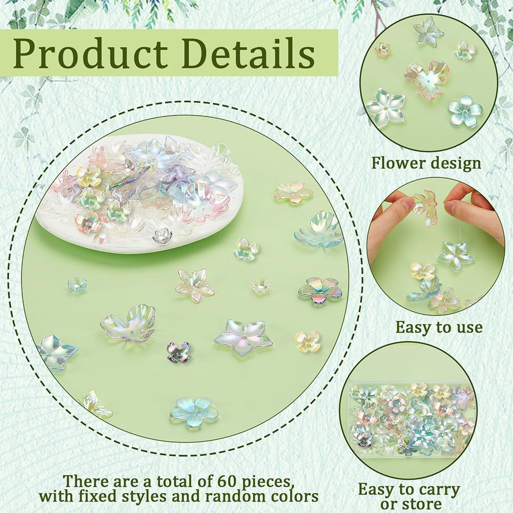 PH PandaHall 60pcs 6 Style Acrylic Flower Bead Caps AB Color Trumpet Flower Beads UV Plating Iridescent Bead Caps Floral Beads for Necklace Bracelet Earring DIY Crafts Jewelry Making - Image 3
