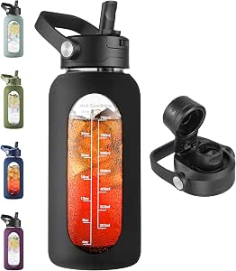 CIVAGO 32 oz Glass Water Bottle with Detachable Straw and Time Marker