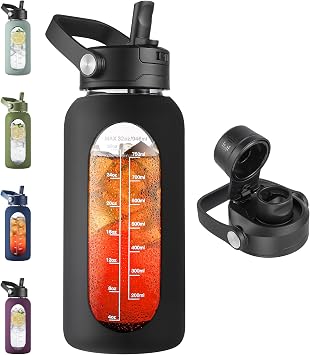 CIVAGO 32 oz Glass Water Bottle with Detachable Straw, Large Water Jug with Bucket Handle, Sports Motivational Water Bottle with Time Marker and Silicone Sleeve, Water Flask for Gym, Outdoor, Black