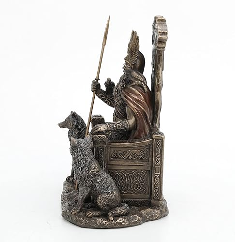 Miniatura 7 de Veronese Design 8 58 pulgadas Odin sentado en el trono con lobos escultura de resina acabado bronce estatua de decoración vikingo