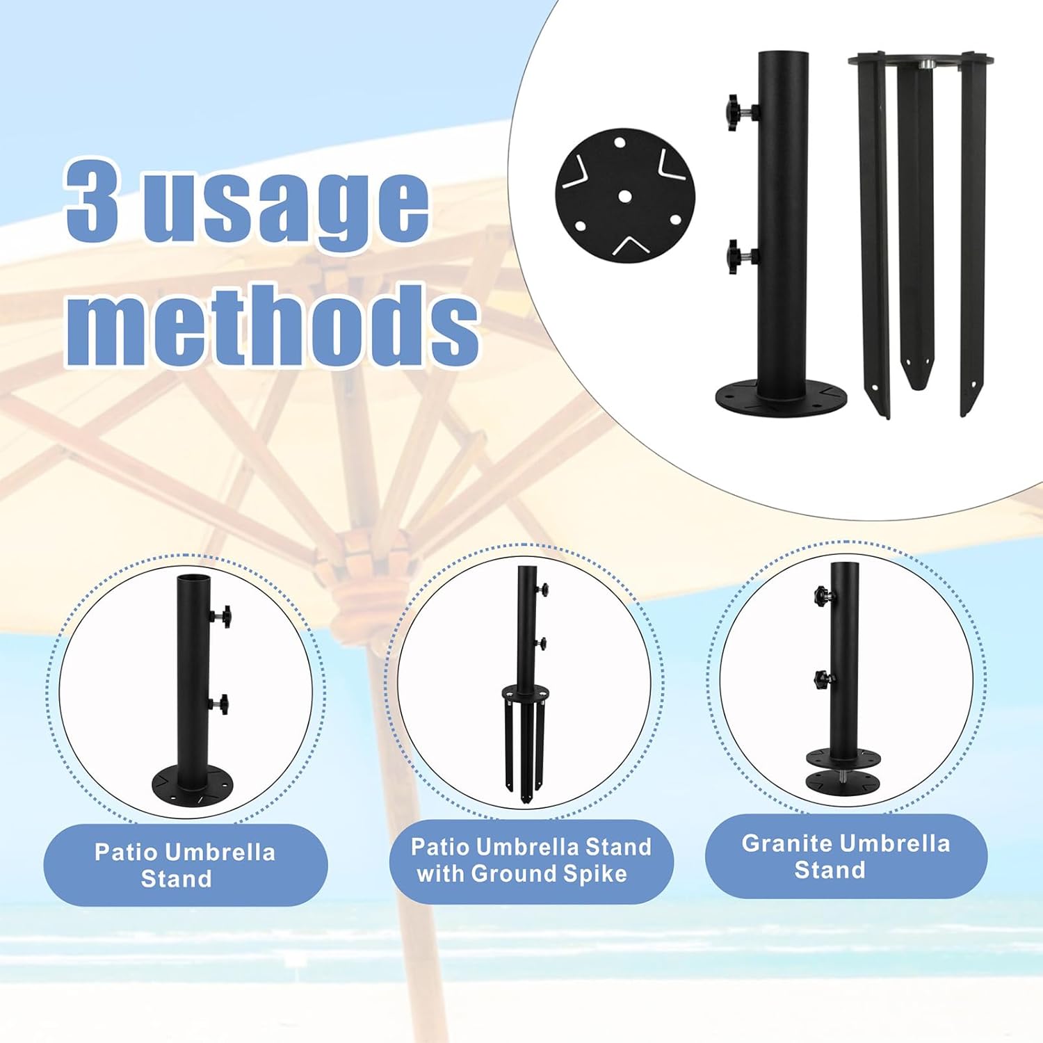 Patio Umbrella Stand Base, Heavy Duty Outdoor Umbrella Holder, Metal Grass Umbrella Ground Stake, Steel Outdoor Umbrella Base for Decks, Patios, Lawn, Docks