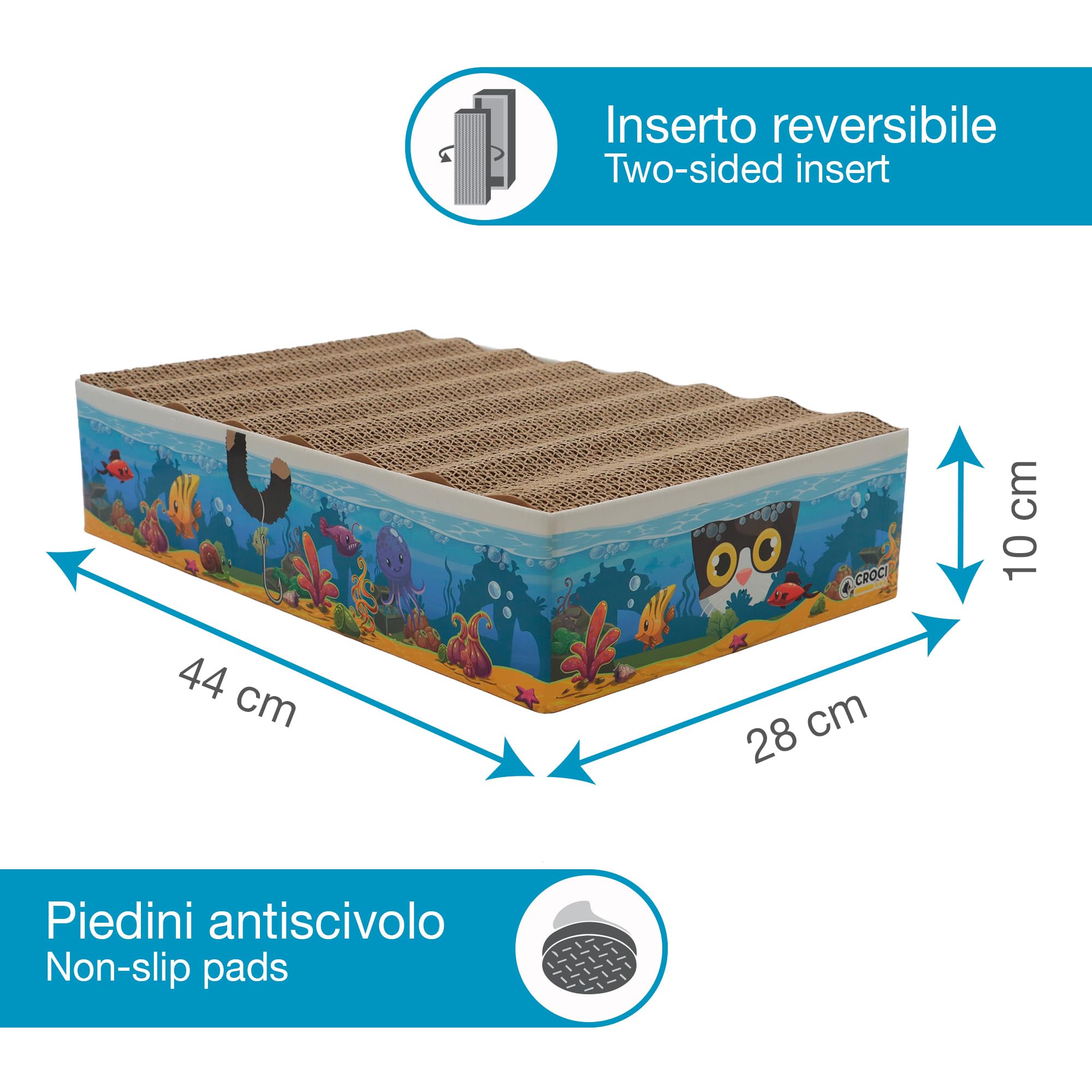 Croci Acquario - Tiragraffi per gatti adulti in cartone 6 in 1, con 3 pannelli graffiabili a doppio strato riversibile, piedini antiscivolo, busta di erba gatta inclusa, 44x28x10 cm
