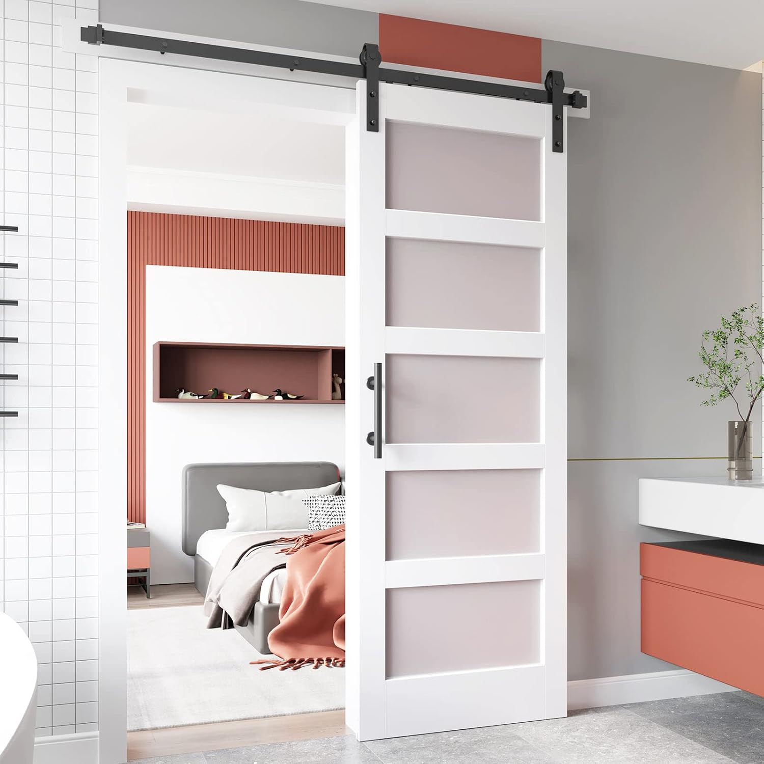 EaseLife 32 x 84 inch Glass Barn Door with 5.5FT Sliding Hardware Kit Included & Handle,Solid Wood Covered with Water-Proof PVC Surface,5-Panel Frosted Glass,DIY Assemblely,Fit 28-30in Wide Opening