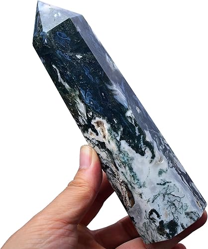 Miniatura 2 de Torres grandes de ágata musgo, obelisco de punta de cristal verde, 6 facetas curativas, varita de piedra de cristal para regalo de meditación,