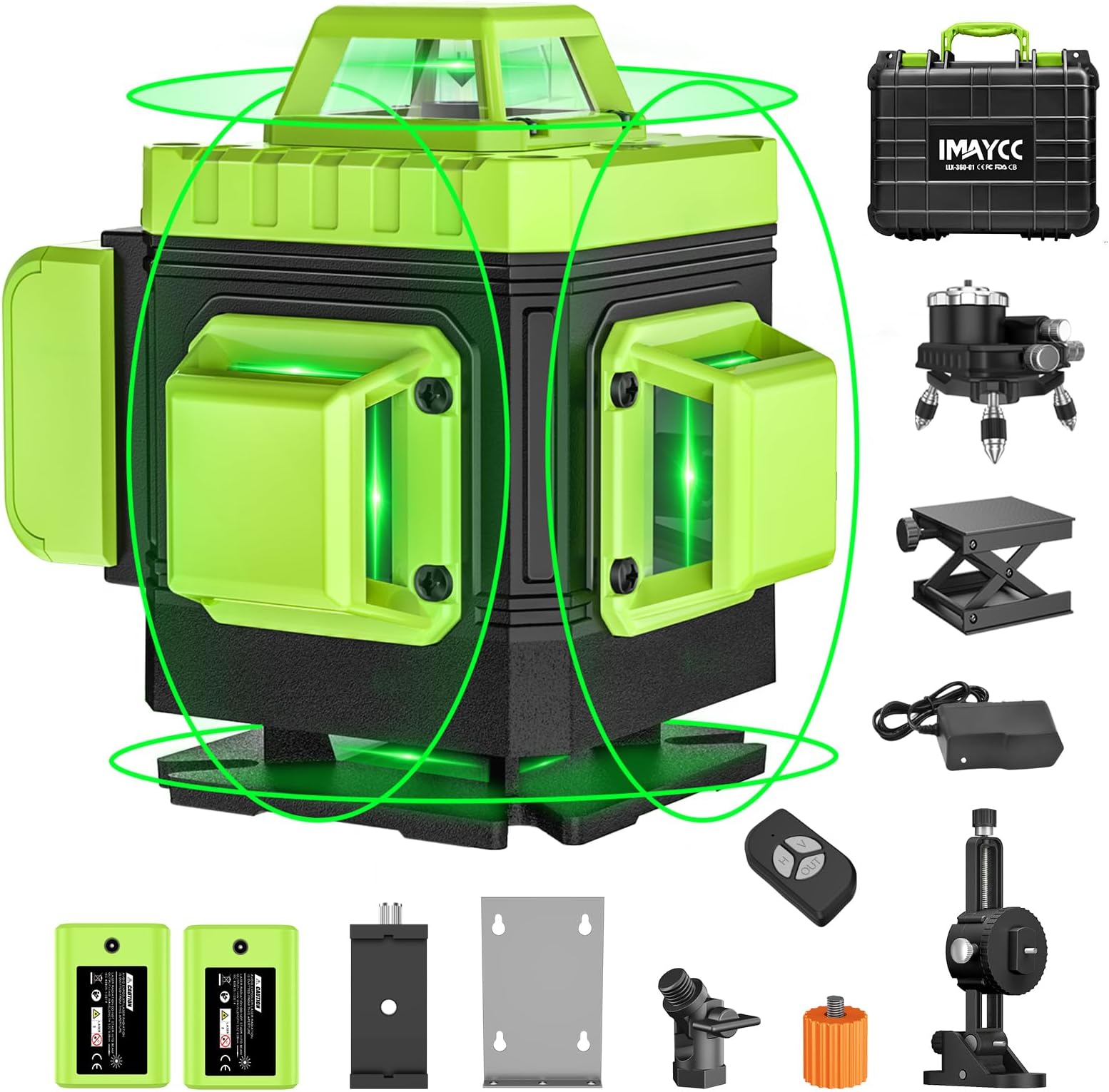IMAYCC Laser Level 360 Self Leveling, 16 Lines Green Beam Laser Level, 4x360 4D Cross Line Lazer Level for Construction with Remote Control, Anti-fall Box, Multiple Stands, Rechargeable Batteries