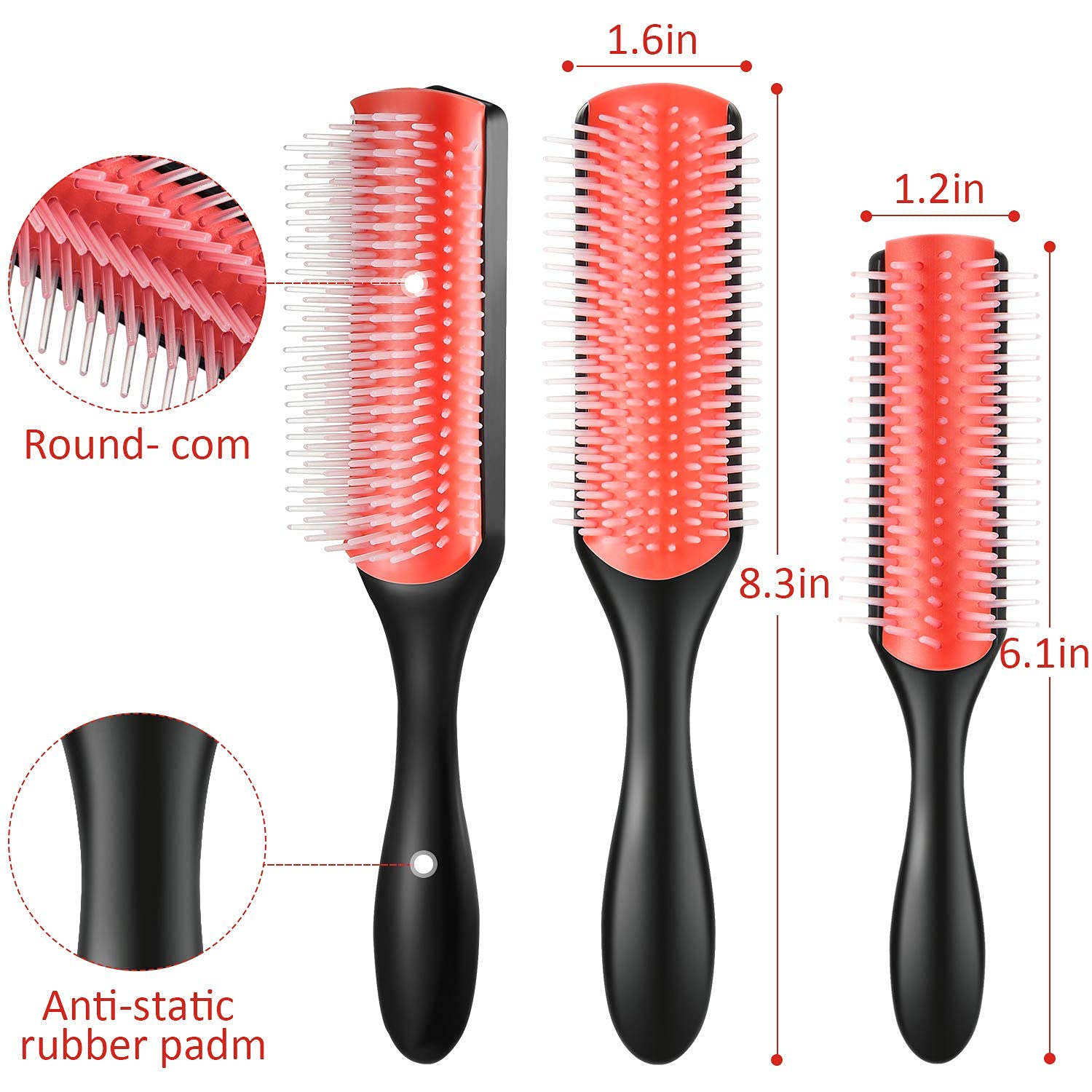 2 Pieces 9-Row Cushion Nylon Bristle Styling Brush 9-Row Curly Hair Detangling Brush and 5-Row Travel Hair Brush for Separating, Shaping, Defining Curls, Blow-Drying, Styling, Detangling (Red)