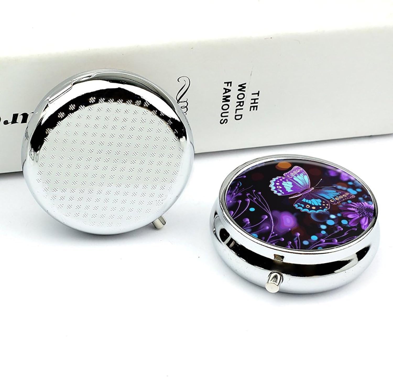 Round Silver Pill Box Small Pill Case for Purse and Pocket 3 Compartment image 5