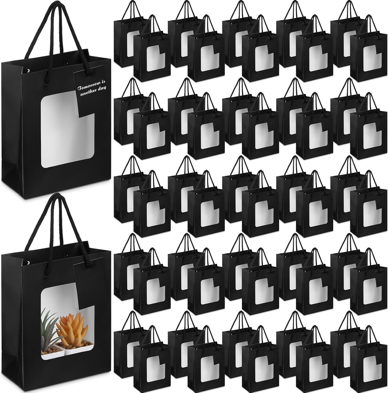 Fuutreo 50 Pcs Black Kraft Paper Gift Bags with Window 7.5 x 3 x 6 In, Handles & Tags for Wedding, Valentine's, Mother's Day Gift Wrap