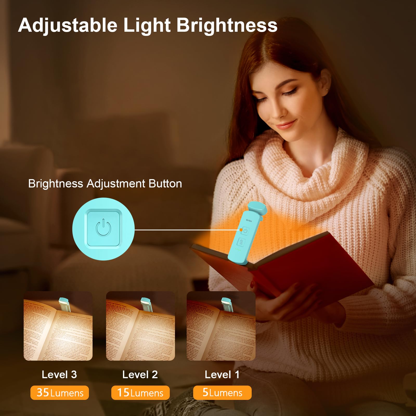 Gritin Luz de Lectura Recargable, Lámpara de Lectura para Protección Ocular con Pinzas - 3 Colores & 3 Brillos Ajustables, Plegable Luz Libro para Leer en la Cama, Ideal para Amantes de los Libros