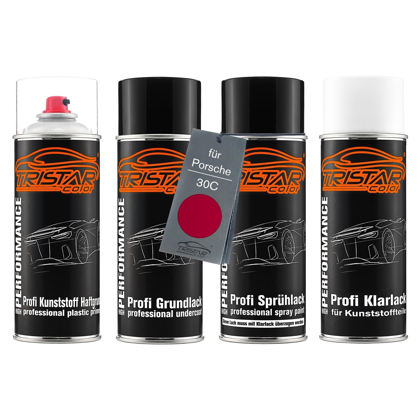TRISTARcolor Zestaw w sprayu Lakier samochodowy do tworzywa sztucznego dla Porsche 30C Malagarot podkladu przyczepnego lakieru bazowego lakieru bezbarwnego z miekkim dodatkiem