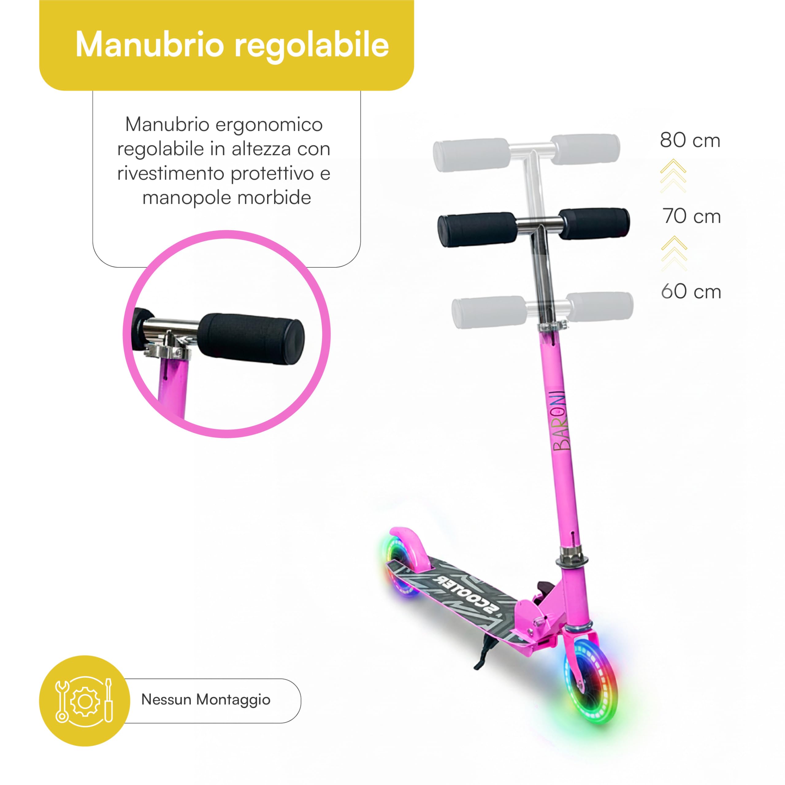 Baroni Toys Monopattino per Bambini dai 3 Anni con Ruote LED, Monopattino in Ferro, LED Senza Batterie, Manubrio Regolabile 60-80 cm, Richiudibile e Salvaspazio, Freno Posteriore, 28x70x80cm