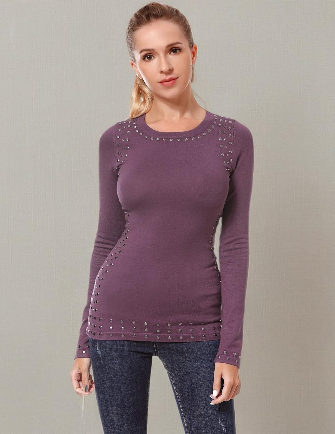 AmélieBoutik Women Crew Neck Studs Trim Embellished Long Sleeve Sweater - Image 6