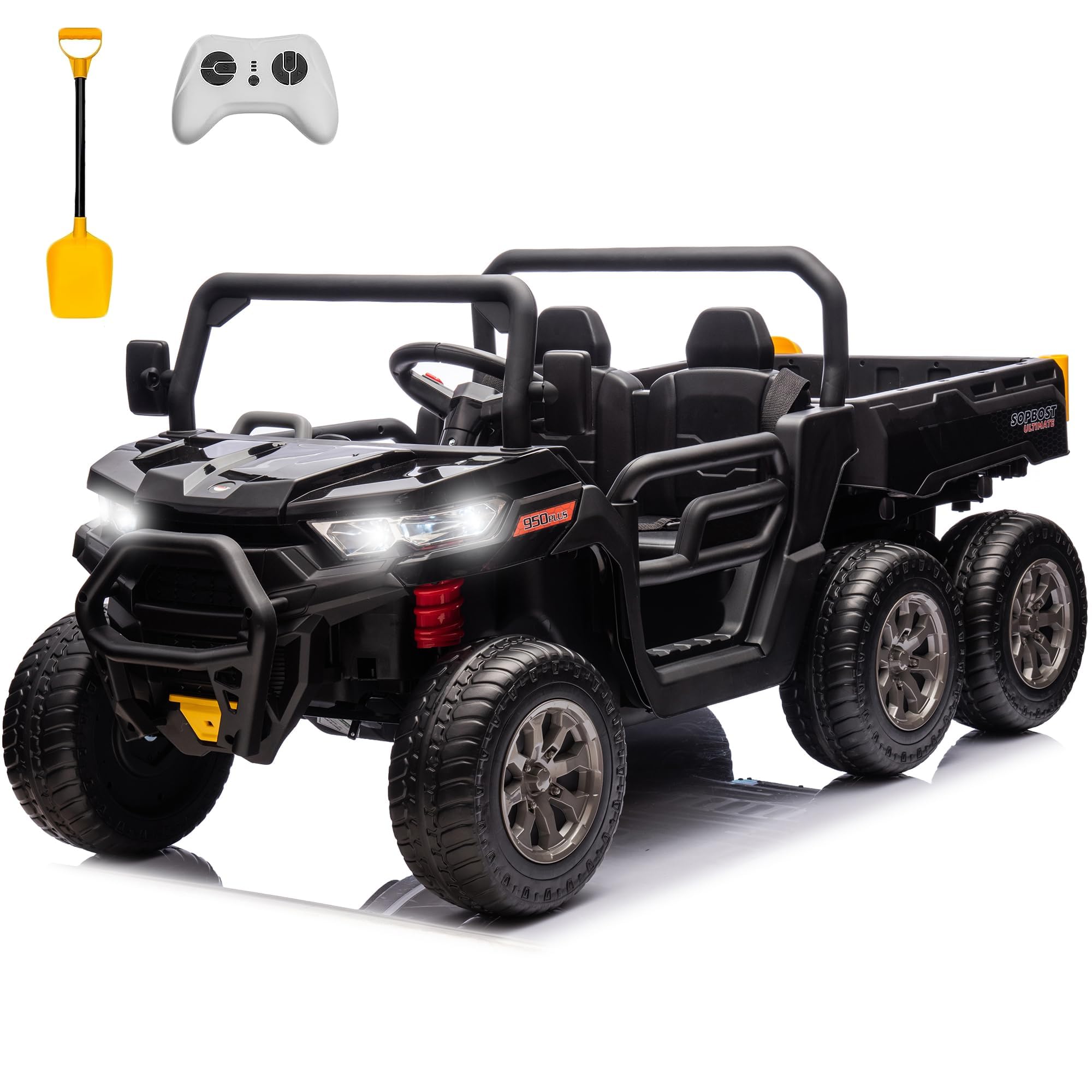 sopbost 2 Seater 24V Kids Ride On Truck with Electric Dump Bed, 4WD Battery Powered Ride On Car with Remote Control, Music Play, EVA Tires Wheels, Extra Shovel, Black