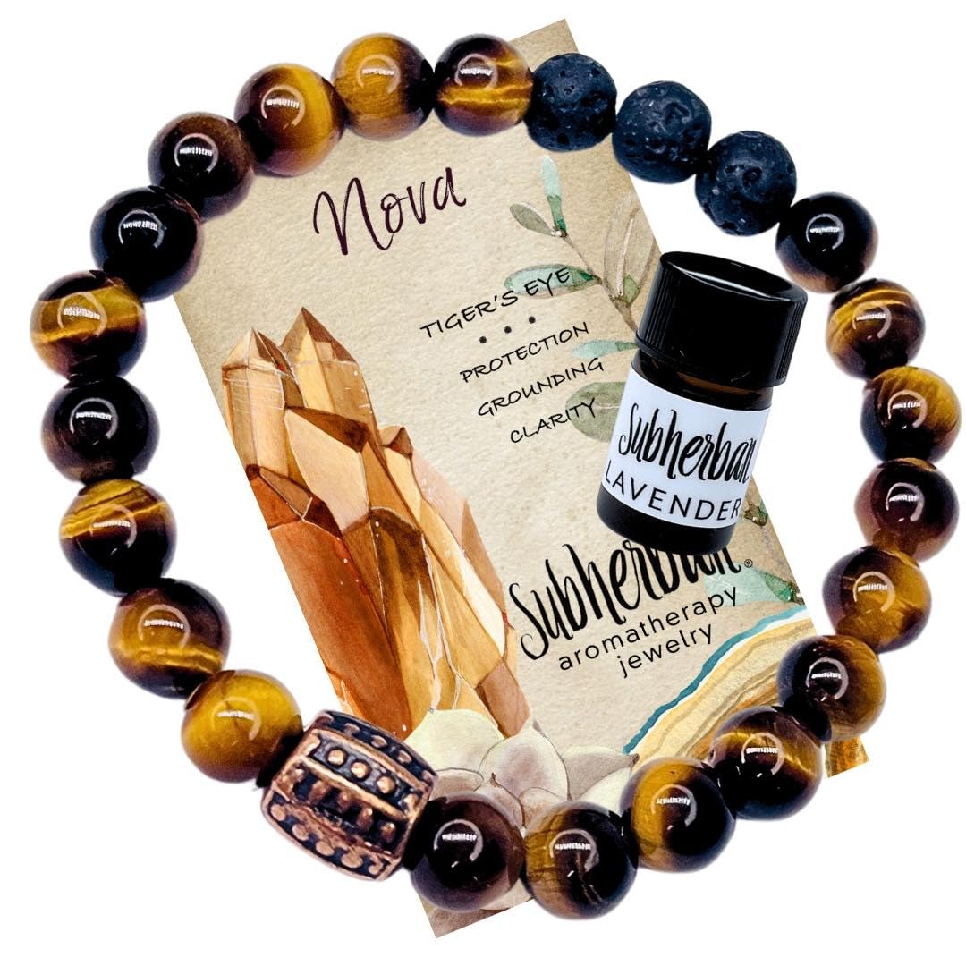 SubherbanLava Rock Bracelet with Lavender Essential Oil Bracelet - Tiger's Eye Jewelry for Women - Handmade USA Oil Diffuser Lava Rock - Tiger's Eye Gemstone Relaxation Gifts for Women