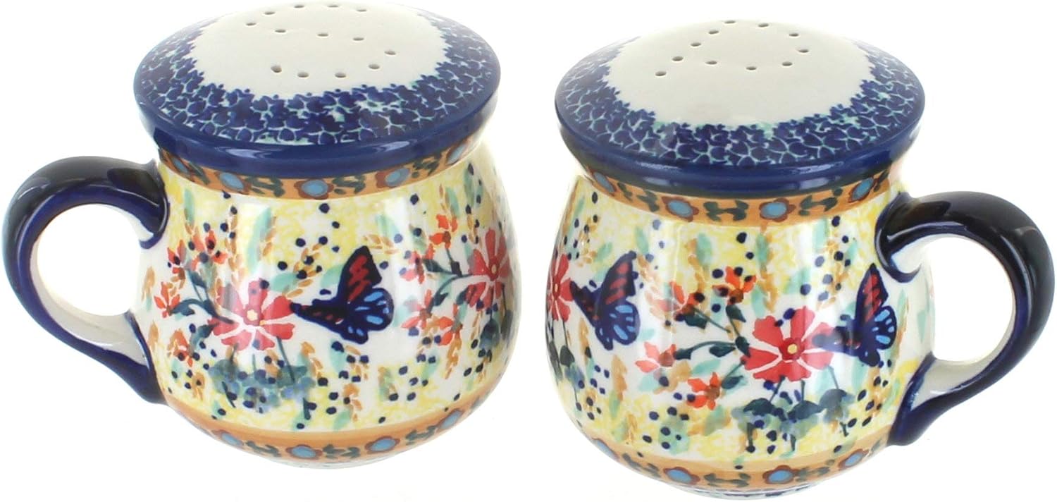 Blue Rose Polish Pottery - Blue Tulip Salt & Pepper Shakers with Handles - 3.75" Tall - Hand-Painted Ceramic Seasoning Set for Table & Kitchen