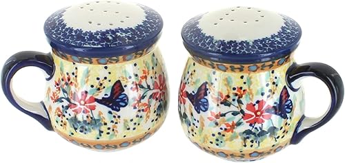 Blue Rose Polish Pottery - Saleros y pimenteros de mariposa amarilla y azul con asas - 3.75 pulgadas de alto - Juego de condimentos de cerámica