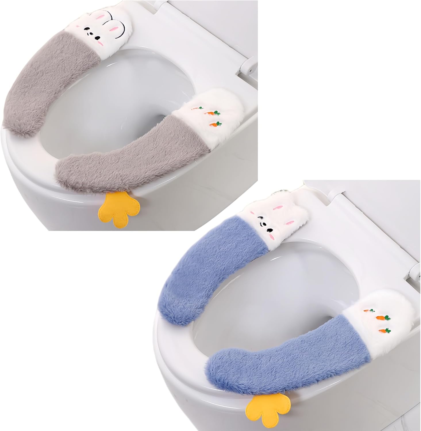 Toilet Seat Cover, 2 Pairs, Thickened Sticky, Washable, Plush, Soft, Gray+Blue