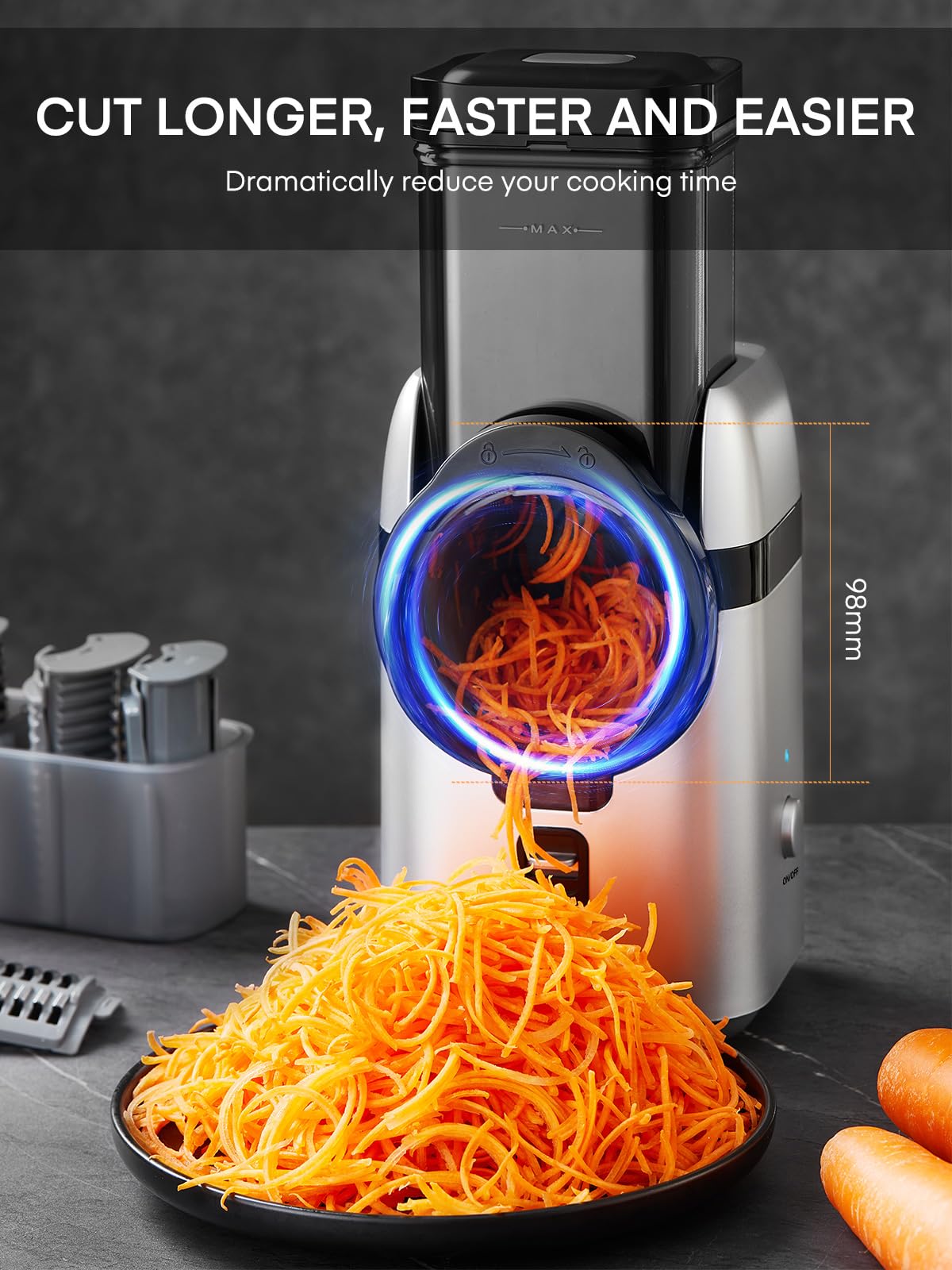 FOHERE Râpe a Légumes Électrique, 5 en 1 Elektrische Reibe, 80W trancheuse à légumes avec plusieurs lames interchangeables et boîte de rangement, râpe pour fruits et légumes-pommes de terre entières