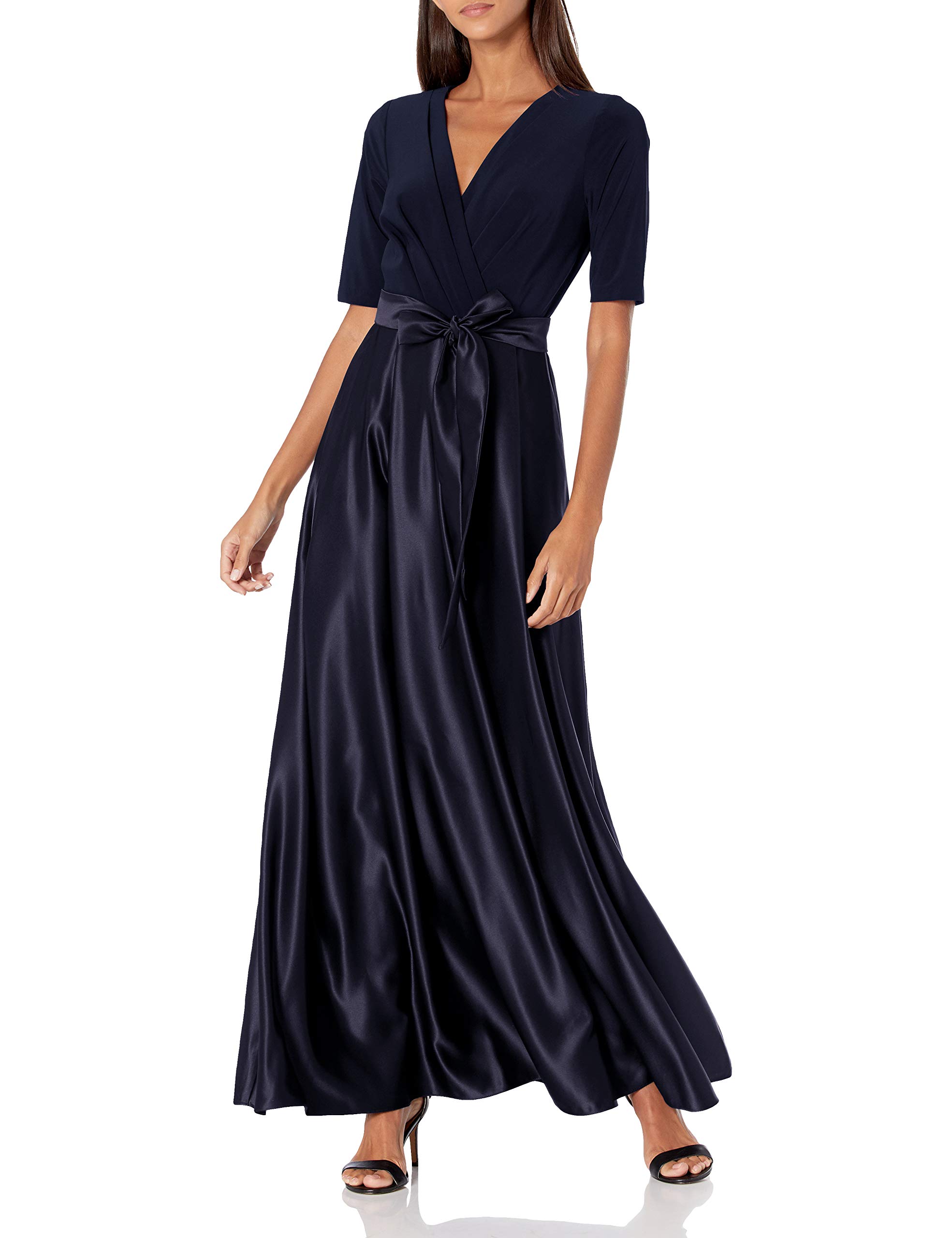 Alex Evenings Women's Satin Ballgown Formal Event Dress with Pockets and Tie Belt (Petite and Regular Sizes)