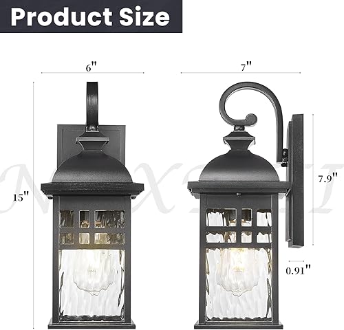 Miniatura 4 de Farol de pared exterior de aluminio negro con vidrio ondulado de agua, impermeable, luces de porche para puerta de patio, paquete de 2 enchufes E26