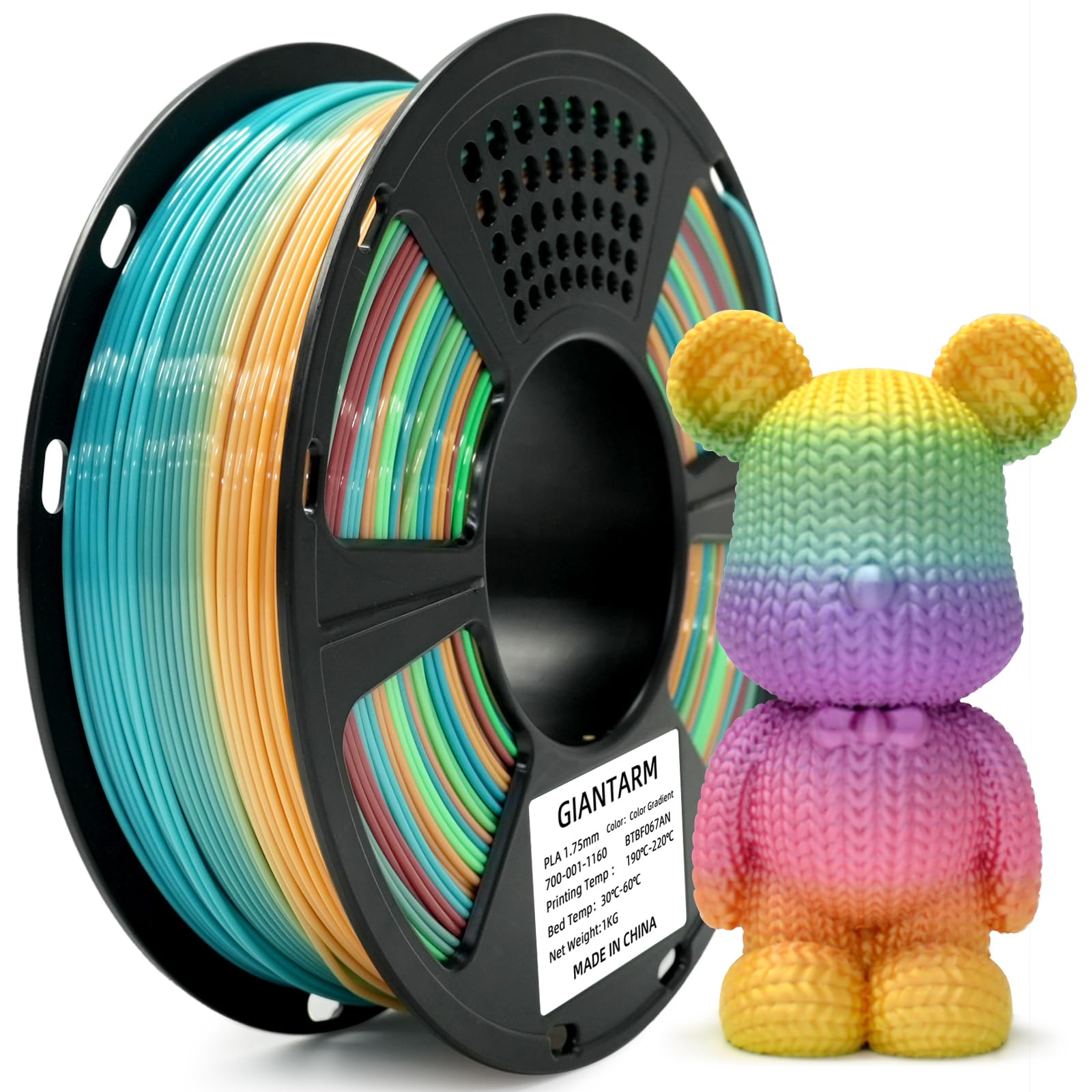 GIANTARM 3D Printer Filament,1.75mm Rainbow PLA Filament,Color Changing Filament 1kg Spool (2.2lbs),Muticolor Filament with Vacuum Packaging